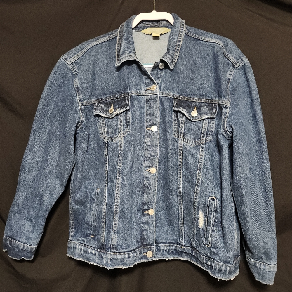 ROEBUCK & CO. DISTRESSED MED. WASH DENIM TRUCKER JACKET 100% COTTON UNISEX SZ LG